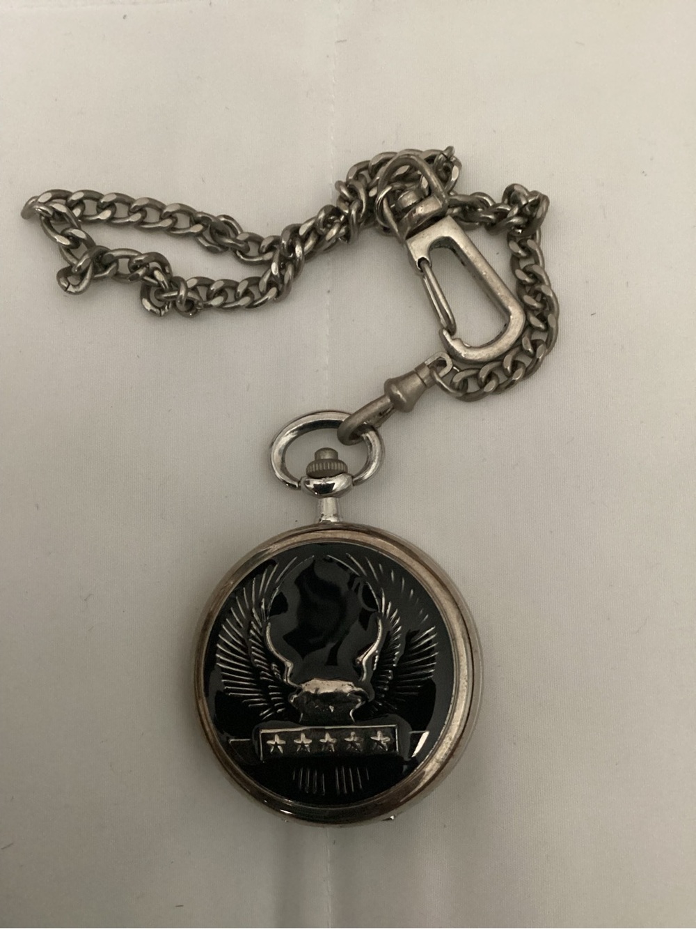 Men's Silver-Tone Winged Pocket Watch with Chain - Black Enamel Face